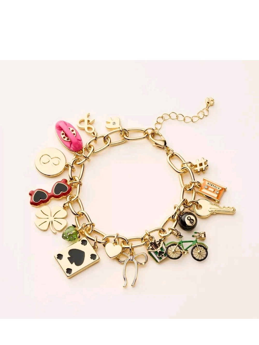 Gold Charm Bracelet with Pink & Green Accents - Women's Fashion Bracelet